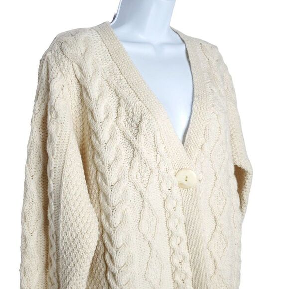 Aran Crafts Merino Wool Knit Cardigan Duster Long Sweater L Ireland Cream Ivory - Picture 3 of 6